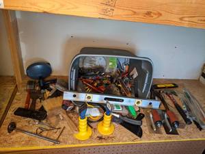 lot 1369 image: Assortment of Miscellaneous Tools Screw Drivers, Wrenches, Hammers, Levelers, Paint Brushes, Wire Brushes, Saw Blade, Grouting Tools and More