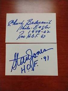 2 NFL HOFer Autographed Index Cards - Chuck Bednarik & Stan Jones
