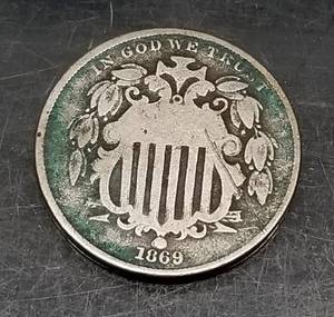 lot 09 image: 1869 US SHIELD NICKEL VG