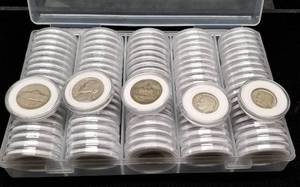 lot 55 image: LARGE GROUP OF 43 NICKELS, 10 WAR NICKELS, 3 MERCURY & 44 SILVER DIMES