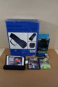 lot 288 image: Assorted Items - Video Games, Tablet Stand, Lazer Blaster, Golf Bag Cover