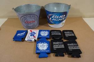 lot 163 image: Beer Brand Metal Buckets, Can Coozies
