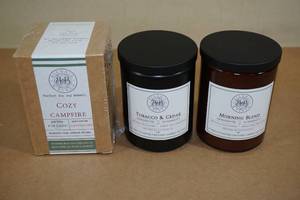 lot 244 image: Begonia & Bench Candle Set - Cozy Campfire, Tobacco & Cedar and Morning Blend