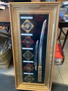lot 34 image: Vintage Framed Japanese Sword Blade Hilt Set 17 X 37