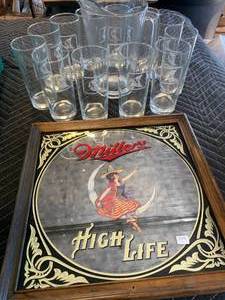lot 93 image: 12 Witch Glasses, Pitcher & Miller Lite Mirror RARE