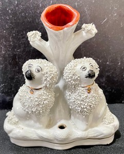 lot 53 image: Vintage English Staffordshire Poodle Spill Vase and Figurine