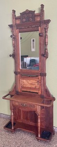 lot 15 image: 1800s Walnut East Lake Hall Tree with Umbrella Drip Pans
