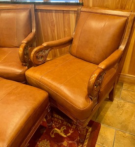 lot 18 image: Pair of Wood Framed and Leather Seating Chairs  and Matching Ottoman