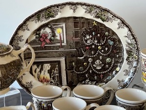 lot 125 image: Johnson Brothers Christmas Friendly Village Platter, Teapot, Creamer and 12 Mugs