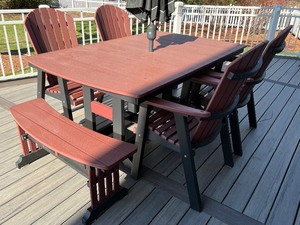 lot 154 image: Poly Lumber Patio Table, Four Chairs and Two Benches Set