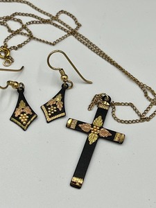 lot 187 image: Black Hills Gold Plated Cross Necklace and Coordinating Earrings
