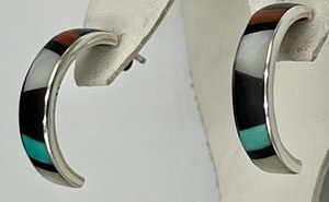 lot 186 image: Half Hoop Sterling, Coral, Onyx and Turquoise Earrings
