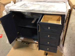Home Decorators Collection Sandon 48 in. W x 22 in. D Bath Vanity in Midnight Blue with Marble Vanity Top in Carrara White with White Basin have damage on top review the photos