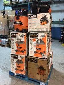 Pallets with Assorted Ridgid Vacuums Different Modell and Conditions
