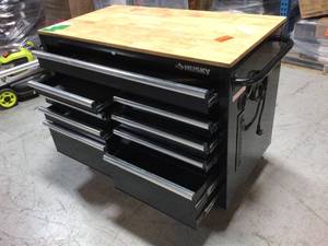 Husky 46 in. W x 24.5 in. D Standard Duty 9-Drawer Mobile Workbench Tool Chest with Solid Wood Top in Gloss Black Customer Returns