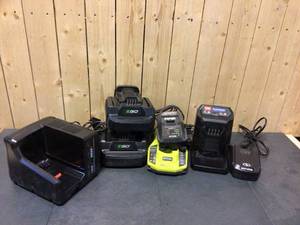 lot 46 image: Lot of ego, ryobi, toro battery chargers open box