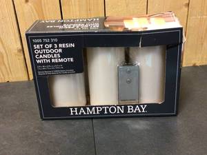 lot 97 image: Hampton Bay Set of 3-Resin Outdoor Candles Open box