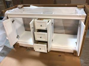 lot 107 image: Home Decorators Collection Naples 61 in. W x 22 in. D Vanity in White No Top  - Good Condition - Review all pictures
