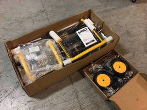 lot 111 image: DEWALT 32-12 in. x 60 in. Rolling Miter Saw Stand with 300 lbs. Capacity - Good Condition - Review all pictures