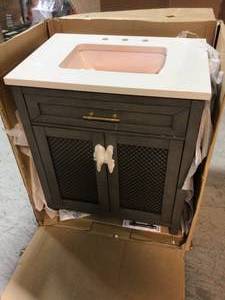 lot 112 image: Home Decorators Collection Erinton 30 in. W x 21 in. D Vanity in Antique Grey with Engineered Stone Vanity Top in White with White Basin - Good Condition - Review all pictures