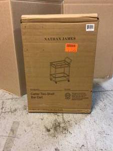 Nathan James Carter Modern Rolling Glass Bar 2-Tier Serving Cart Matte Black Metal Frame Oak Wood Shelf - Good Condition - Review all pictures