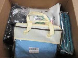 box of table cloths , hanging tapes...
