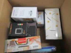 box of glass tea pot, knife sharpen...