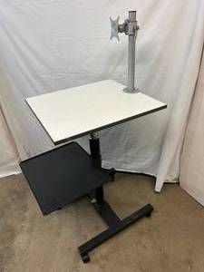lot 5 image: MSRp $1200 Ergotron Height Adjustable Sit To Stand Computer Mobile Work Table With Monitor Mount - Great Condition
