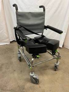 lot 4 image: MSRP $1800 Raz Design Attendant Propel Height Adjustable Rehab Shower Back Up Over The Toilet Seat Commode Chair -Flip Up Locking Arms, Swivel Locking Oversize Wheels, Adjust Tension Back &amp Padded Seat - See Youtubes For How Amazing This Chair Is