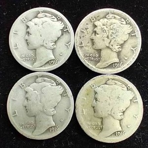 4 1916 Mercury Dimes