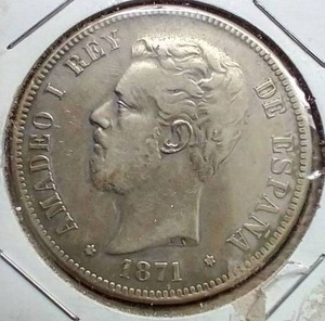 1871 Spain 5 Pesetas Silver Coin