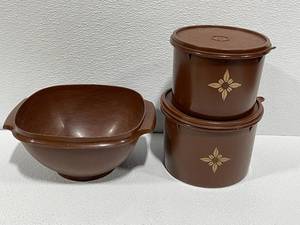 lot 40 image: Brown Tupperware Bowl and Canisters