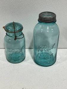 lot 109 image: Vintage Blue Ball Mason Jars with Glass Lids