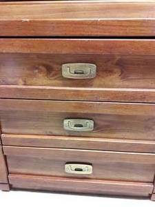 Wonderful Vintage BASSET Furniture Campaign Style Heavy Solid Wood Two-Piece Bedroom 3 Drawer Dresser With Bookcase Topper Made With Timberland Pine - Minor Wear For Age - Classic Brass Drawer Pulls Next Two Lots Feature Matching Pieces