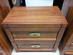 Wonderful Vintage BASSET Furniture Campaign Style Heavy Solid Wood Two-Piece Bedroom 2 Drawer Dresser Made With Timberland Pine - Minor Wear For Age - Classic Brass Drawer Pulls
