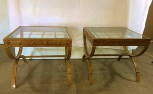 Fabulous Pair High Quality Decorative Yellowish Gold Foil Metal French Empire Style Outdoor End Tables With Beveled Tempered Glass Inserts - Excellent Condition