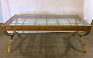Fabulous High Quality Decorative Yellowish Gold Foil Metal French Empire Style Outdoor Coffee Table With Beveled Tempered Glass Insert - Excellent Condition