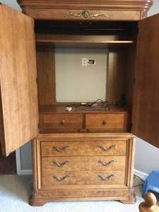 WOW Gorgeous High Quality AMERICAN DREW Grand European Styling&nbspTwo-Piece 3 Drawer Armoire&nbspIn White Ash Burlwood WHand Applied Glaze&nbsp- Purchased Originally For $6000 - In Excellent Condition