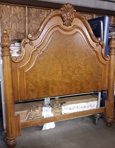 WOW Gorgeous High Quality AMERICAN DREW Grand European Styling Carved 4 Poster Panel Queen Size Bed In White Ash Burlwood WHand Applied Glaze Purchased Originally For $4000 Includes KINGSDOWN Mattress &amp Box Spring (Original Price $2500)&nbsp
