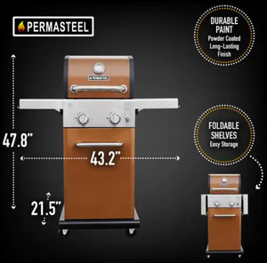 lot 30 image: PERMASTEEL 2-Burner Pedestal Propane Gas Grill in Copper With Folding Side Shelves