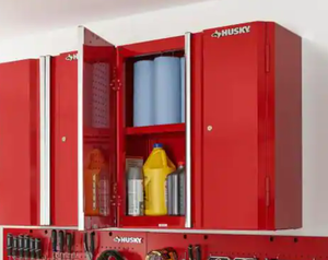 lot 93 image: Husky Ready-to-Assemble 23-gauge steel Wall Mounted Garage Cabinet in Red (28 in. W x 29 in. H x 12 in. D)