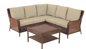 lot 1 image: Exclusive Hampton Bay Cambridge 4-Piece Brown Wicker Outdoor Patio Sectional Sofa and Table