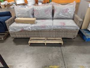 Kingsbrook Commercial Wicker Outdoor Couch with Removable Tan Cushions