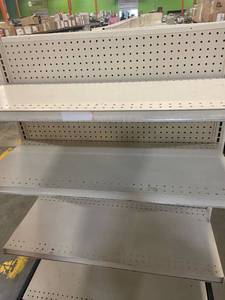 Retail Gondola Display and Shelving (4ft wide per section). Auction is for the gondola and shelves in photos.