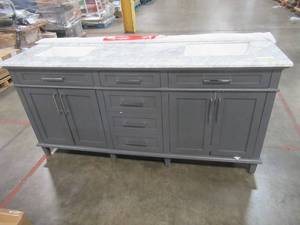 Sonoma 72 in. W x 22 in. D Vanity in Dark Gray with Vanity Top in Carrara with White Basins - Slight Cracks in Top RH Shelf needs to be reattached. .
