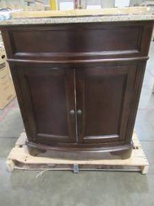 31 in. W x 35 in. H x 20 in. D Vanity in Cherry with Marble Vanity Top in Beige. - Missing Basin, Interior of cabinet floor is scratched.
