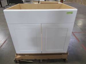 Hampton Bay Shaker Assembled 36x34.5x24 in. Sink Base Kitchen Cabinet in Satin White.