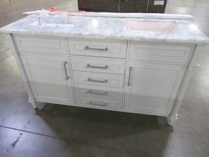 Aberdeen 60 in. W x 22 in. D Double Bath Vanity in Dove Grey with Marble Vanity Top in White, Crack in top and Backsplash.