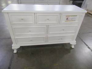 Jenna 7-Drawer White Dresser - Cracked Backboard.