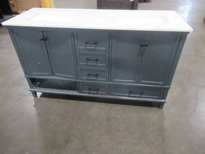 Merryfield 61 in. W x 22 in. D Bath Vanity in Dark Blue-Gray with Marble Vanity Top in Carrara White with White Basin - Missing Bottom LH Drawer and Block Stop for doors needs fixing.